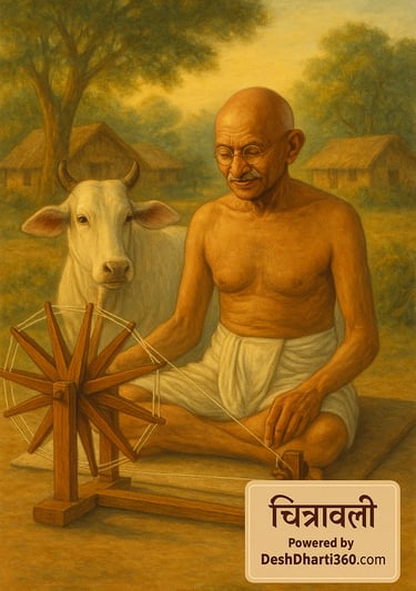 “A soft and spiritual Indian-style painting of Mahatma Gandhi sitting peacefully in a Gau Seva Ashram beside a white cow, spi