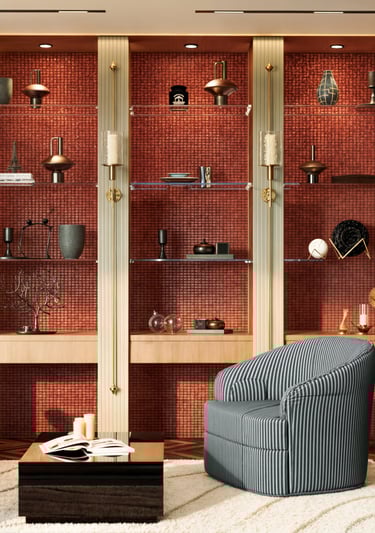 Luxury hallway display shelving with statement armchair Dubai