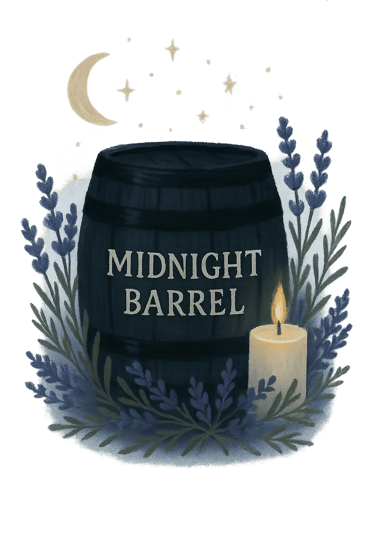 Illustration of a midnight barrel with lavender, a lit candle, and a crescent moon.