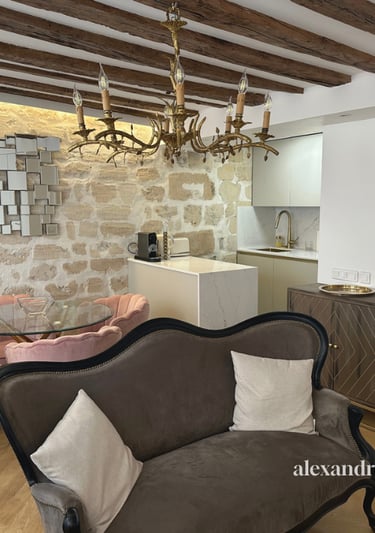 Salon / salle à manger et cuisine décoration hôtel-boutique, appartement prestige