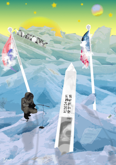 Digital artwork showing ice landscape, penguins, and island border monument
