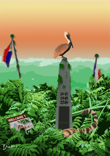 Digital artwork of lush jungle with border marker, pelican, and tiger