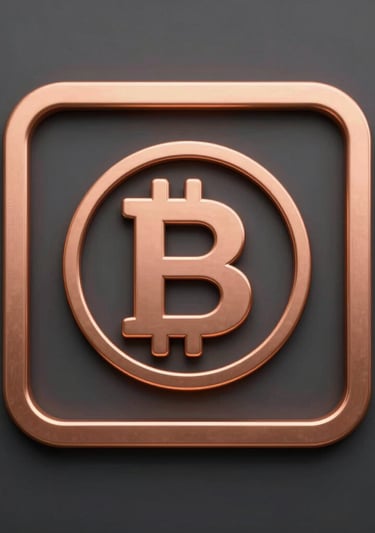 A metallic copper Bitcoin symbol icon enclosed in a square frame on a dark gray background.