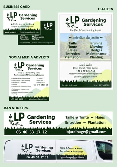 Brand Design project for a gardening company. Leaflets, business cards, van sticker, social media