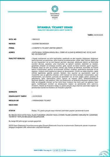 Cheepet E-Ticaret Limited Şirketi’ne ait resmi faaliyet belgesi. Şirketin yasal olarak tescilli oldu