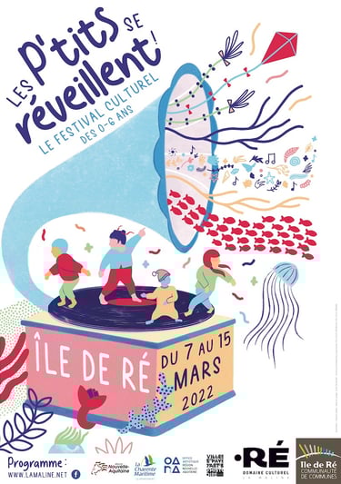 affiche illustrée représentant des enfants qui dansent sur un phonogramme d'où s'échappent des poissons et des notes de musiq