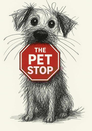 A small, wiry haired dog holding a sign that says 'The Pet Stop'
