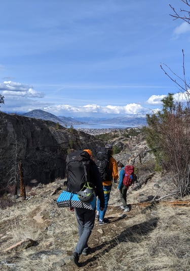 Group of people walking towards the horizon with large packs on