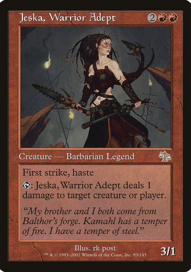 Jeska, Warrior Adept Magic: The Gathering card featuring a barbarian warrior with a bladed staff.