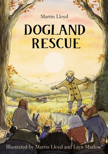 Childrens book cover, graphic novel, dog story, humorous story,  ripping yarn