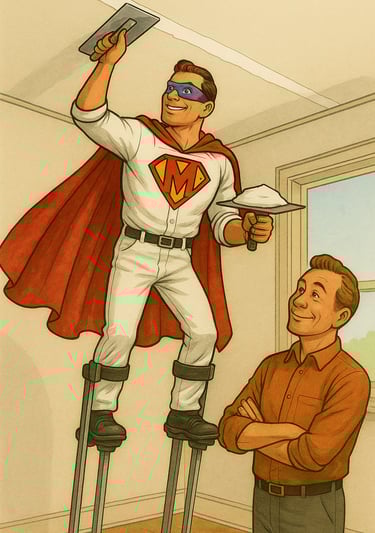 MrWalls on stilts taping and finishing a ceiling with customer standing on admiring the work