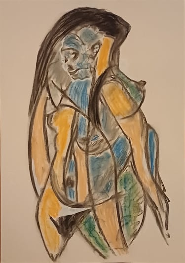 Amazon — tall female figure with dark hair, charcoal and pastel in blue and amber, by Zanda