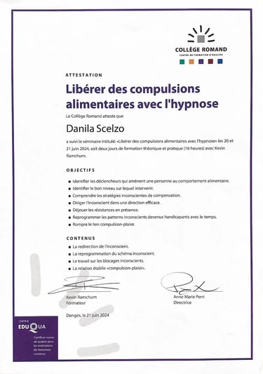 Spécialisation : Libération des compulsions alimentaires par l'hypnose (Collège Romand) – Danila Scelzo, Hypnonaute Genève.