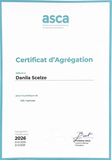 Certificat d'agrément ASCA pour la pratique de l'hypnothérapie – Danila Scelzo, cabinet Hypnonaute à Genève, thérapeute.