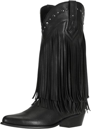 Goth Cowgirl Boots. Black Fringe Western Boots, Wide Calf Riding Cowgirl