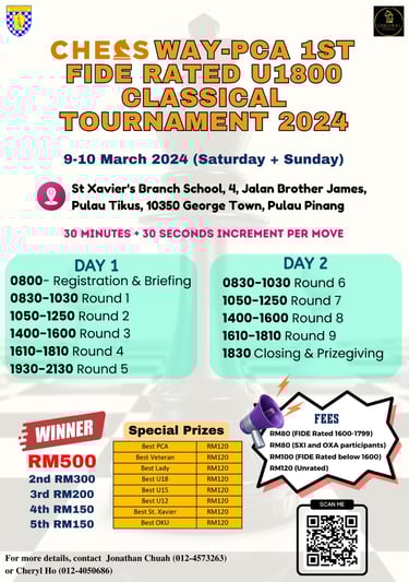 Chessway-PCA 1st FIDE Rated U1800 Classical Tournament 2024. Penang Chess. Malaysia Chess. 