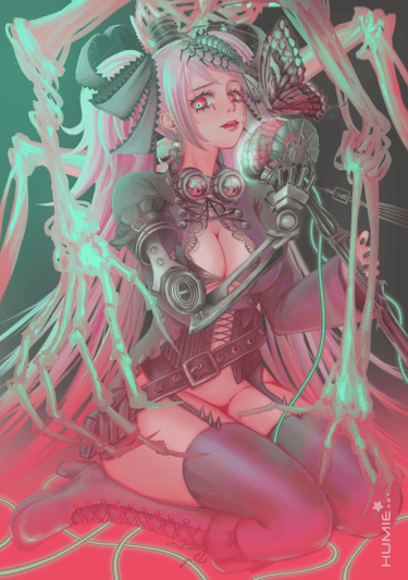 She sits on the ground, holds a brain-mic with her mechanical arm. A giant skeleton is behind her.