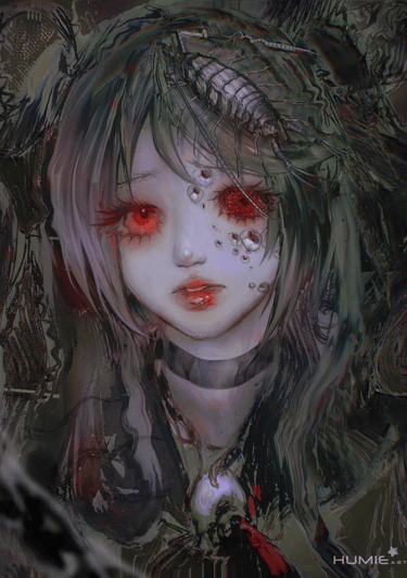 Fanart of Calne Ca with her insect pet, dark atmosphere, glitchy and experimental textures.