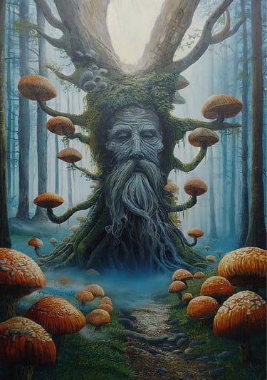 “Surreal fantasy artwork showing an old tree with a carved human face and beard, set in a mystical f