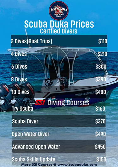 Scuba Duka price list for certified diving packages and SSI diving courses at Diani Beach, Kenya.