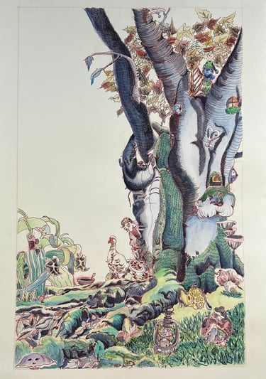 the fallen bean stalk. tree hidden frogs and characters from the story.