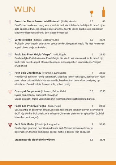 Menukaart van restaurant De Stal in Den Burg op Texel