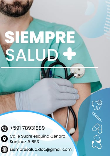 Healthcare professional in scrubs holding a stethoscope for Siempre Salud medical services in Bolivia.