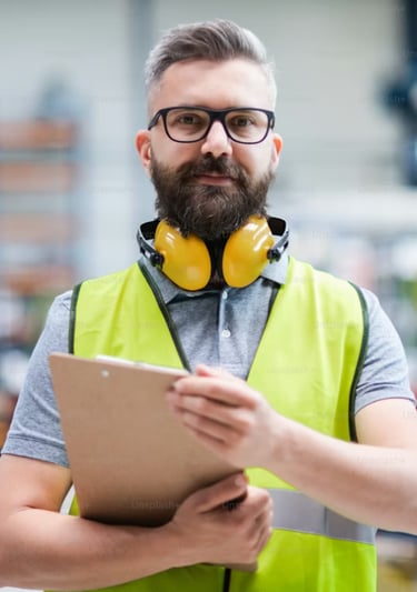 A warehouse employee on the floor with an pad