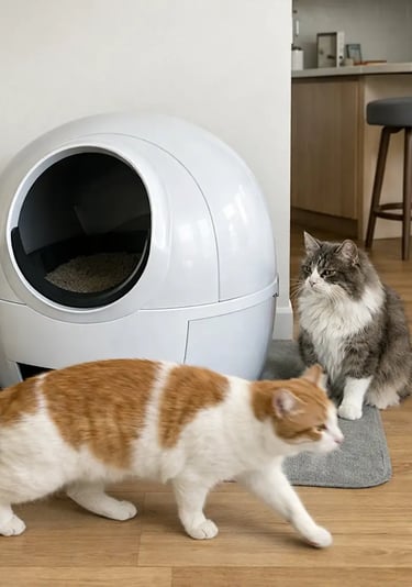 chats autour de leur litière autonettoyante chez un client des hauts de seine 92