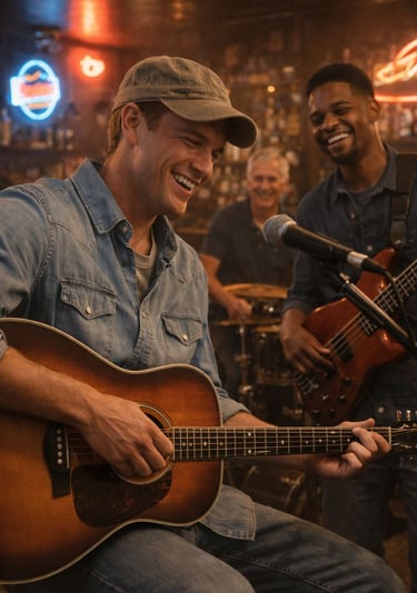 a man playing guitar in a bar with a microphone and a microphone