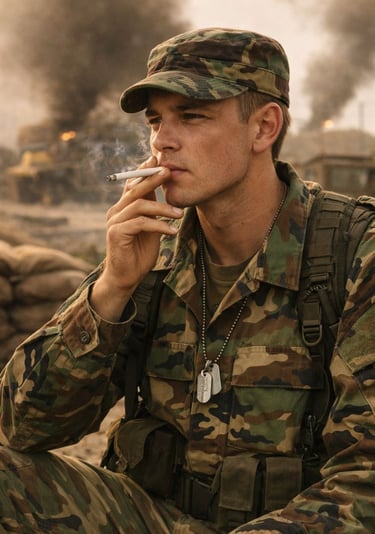 a man in a military uniform smoking a cigarette
