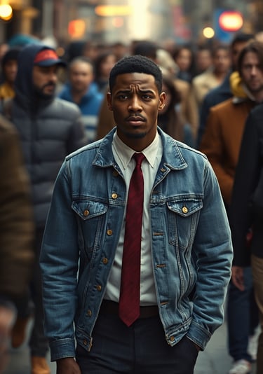 a man in a suit and tie standing in a crowded street