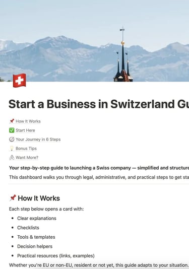 a website page with a picture start a business in Switzerland guide