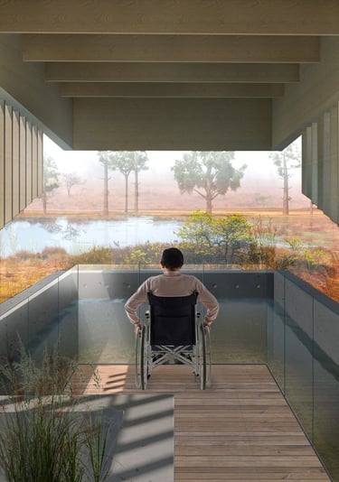 a rendering of a man in a wheelchair looking out over a bog