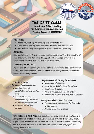 Brochure Write Class: Email and Letter Writing for Business Communication. HRD Corp claimable