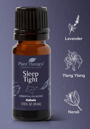 Sleep based lavender essential oil with ylang ylang and neroli with infographics explaning benefits 
