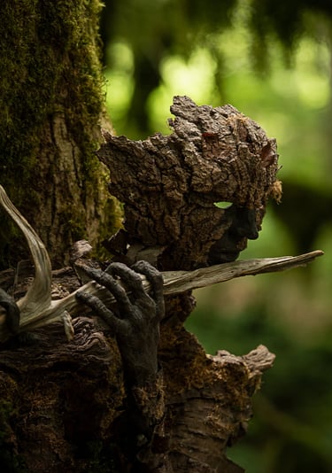 Sculpture masque d’écorce suspendue dans un environnement forestier, œuvre de Samuel Chazot explorant le lien entre art et na
