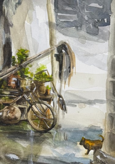 a painting of a bicycle parked inside of a garage