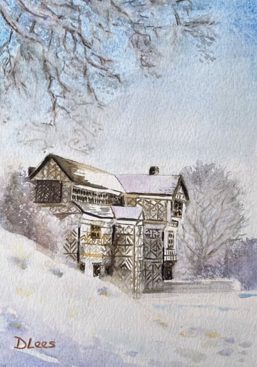 Watercolour snow scene of Mossley Hall