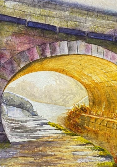 Watercolour of Snaily Bridge in Congleton with sunset reflecting off icy canal