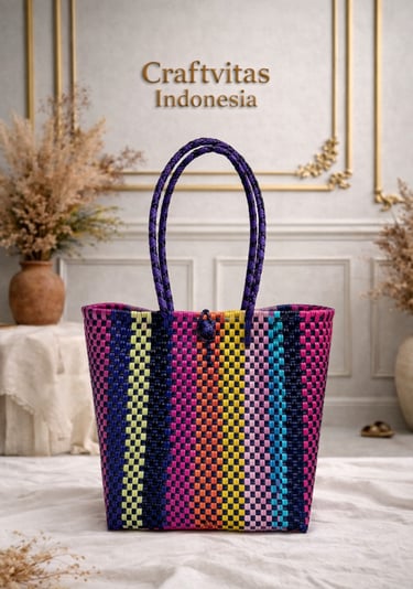 Tas anyaman plastik handmade multicolor dengan motif garis vertikal unik dari Craftvitas Indonesia