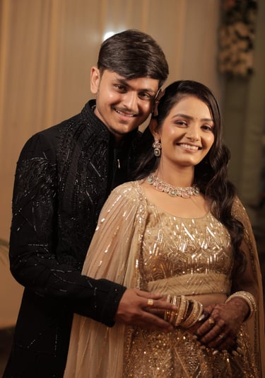 reception bride and groom look, couple photoshoot, r&d bridal makeup studio and salon vadodara