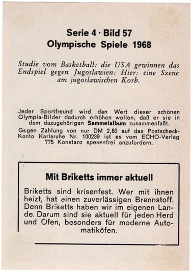 1968 German USA vs Yugoslvia Basketball card from Mexico IXX Olympishce Sommerspiele album