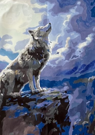 a painting of a wolf in the mountains
