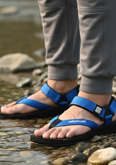 seseorang berdiri di dalam air dengan sandal gunung sabertooth