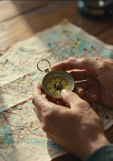 Manos que sostienen una brújula antigua de latón sobre un mapa de papel detallado en una mesa de mad