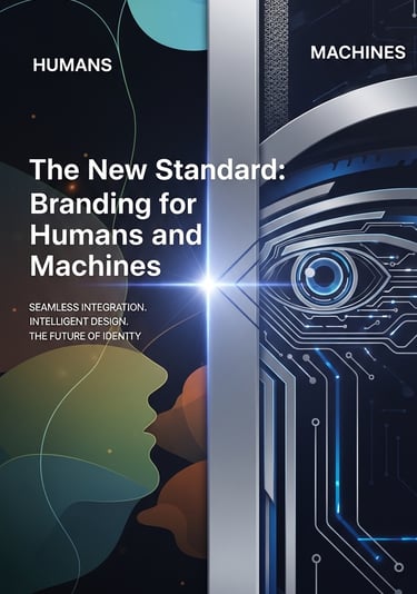 Digital poster showing branding for humans and machines with a profile silhouette and robotic eye.