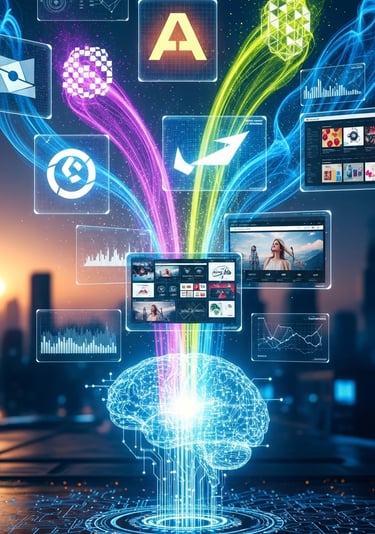 Digital blue wireframe brain processing data and glowing screens for artificial intelligence visualization.