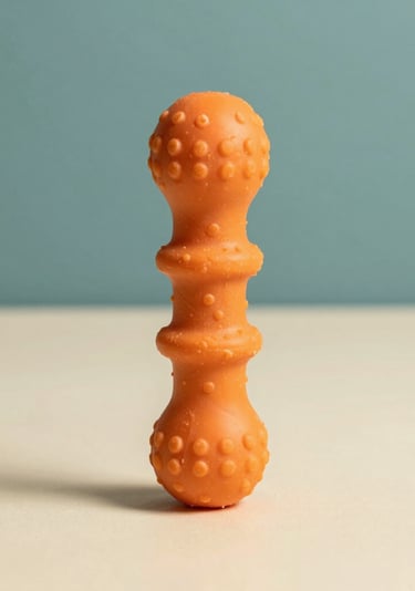 Juguete para masticar de perro de goma naranja resistente con textura.