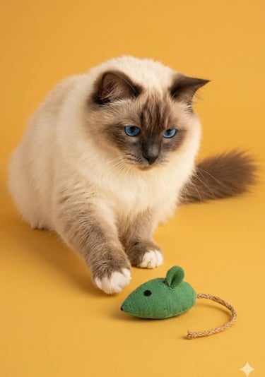 Un gato Ragdoll esponjoso con ojos azules juega con un ratón de juguete verde.